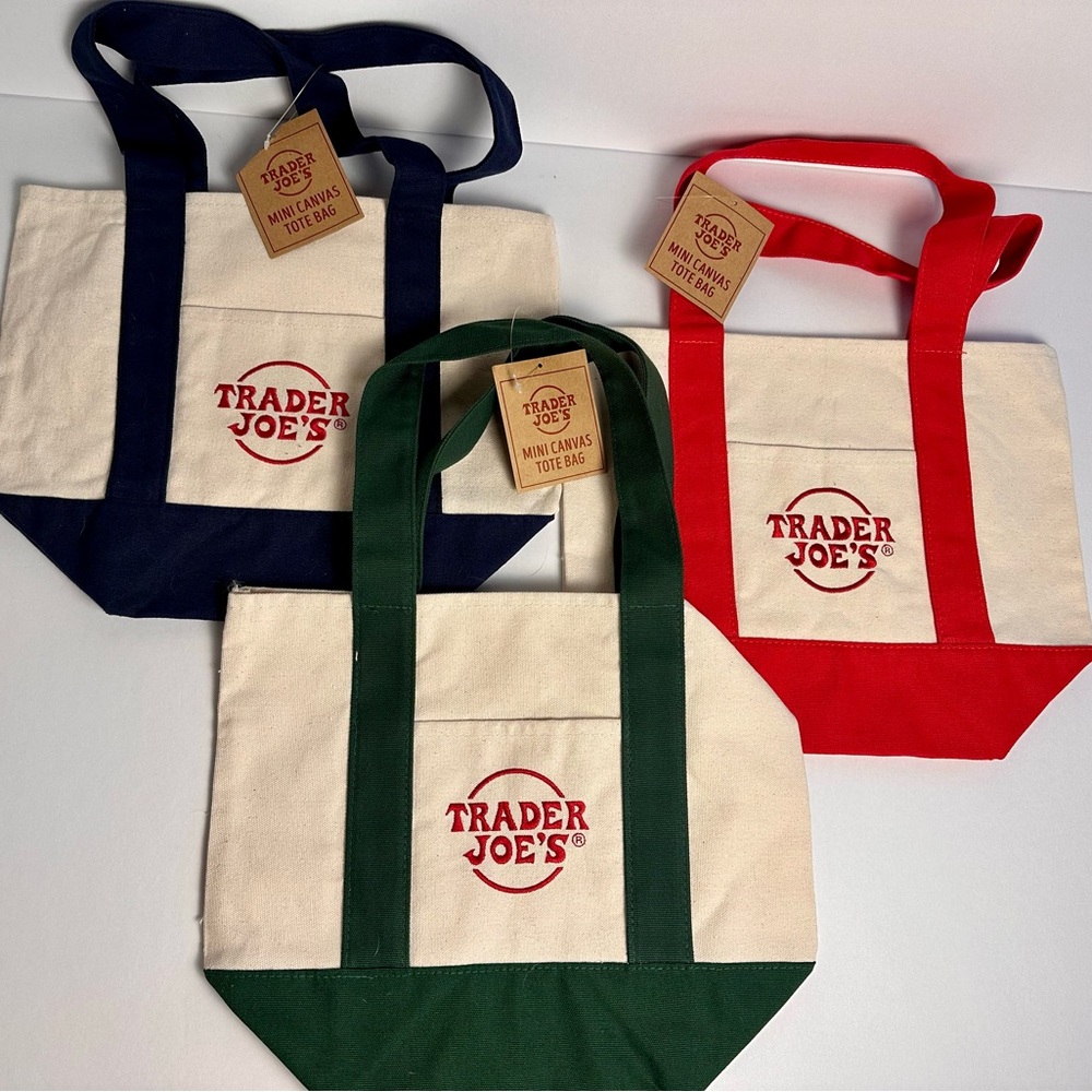 3 NWT Trader Joe's Mini Canvas Tote Bag in Red, Green, Navy.